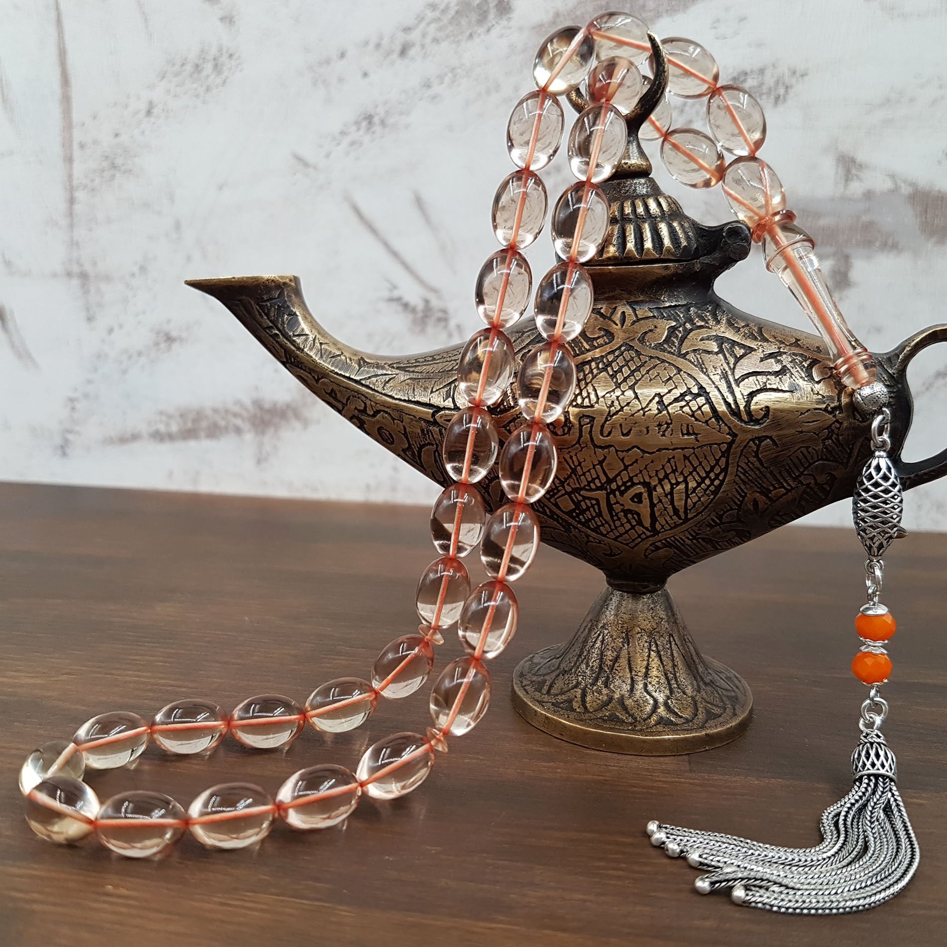 Gümüş Püskül Beyzi Kesim Şeffaf Zar Kehribar Tesbih