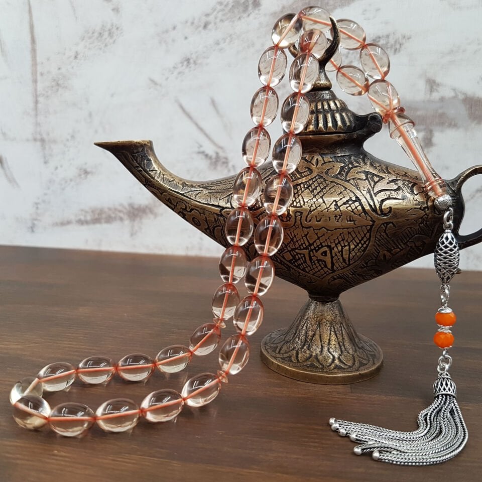 Gümüş Püskül Beyzi Kesim Şeffaf Zar Kehribar Tesbih