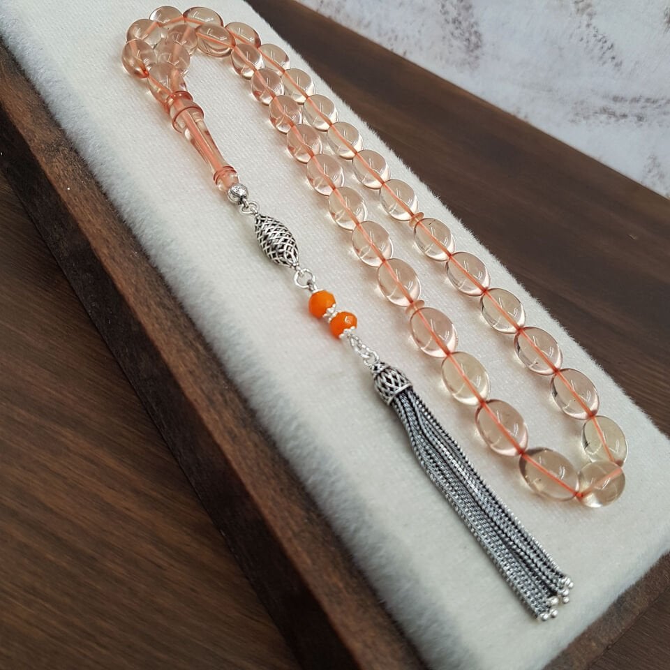 Gümüş Püskül Beyzi Kesim Şeffaf Zar Kehribar Tesbih