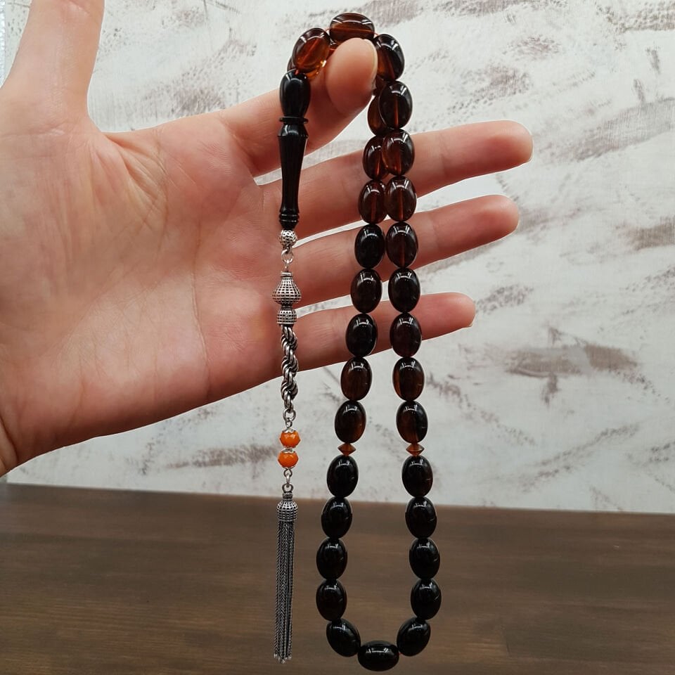 Gümüş Püskül Koyu Haki Renk Ateş Kehribar Tesbih
