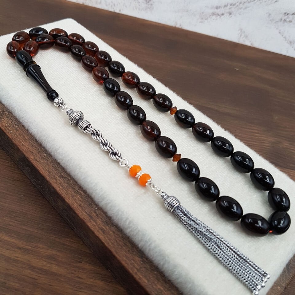 Gümüş Püskül Koyu Haki Renk Ateş Kehribar Tesbih