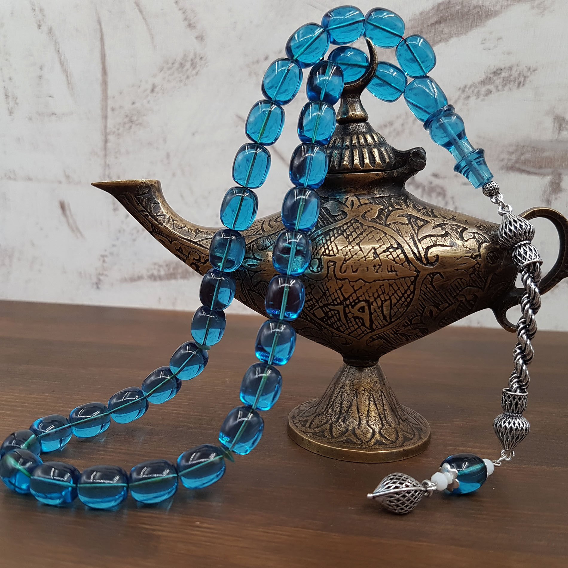 Gümüş Püskül Gök Mavisi Blok Zar Kehribar Tesbih