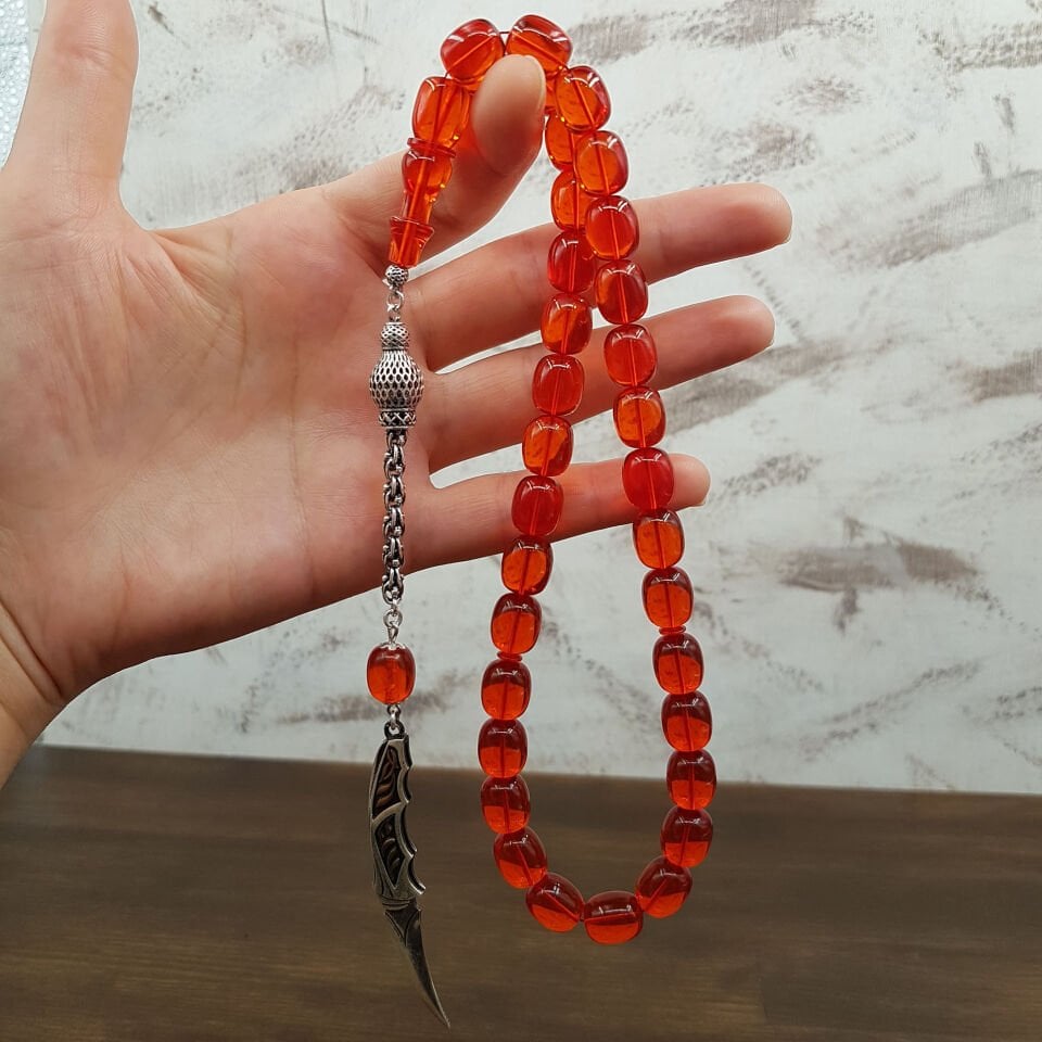 Gümüş Püskül Turuncu Blok Zar Kehribar Tesbih