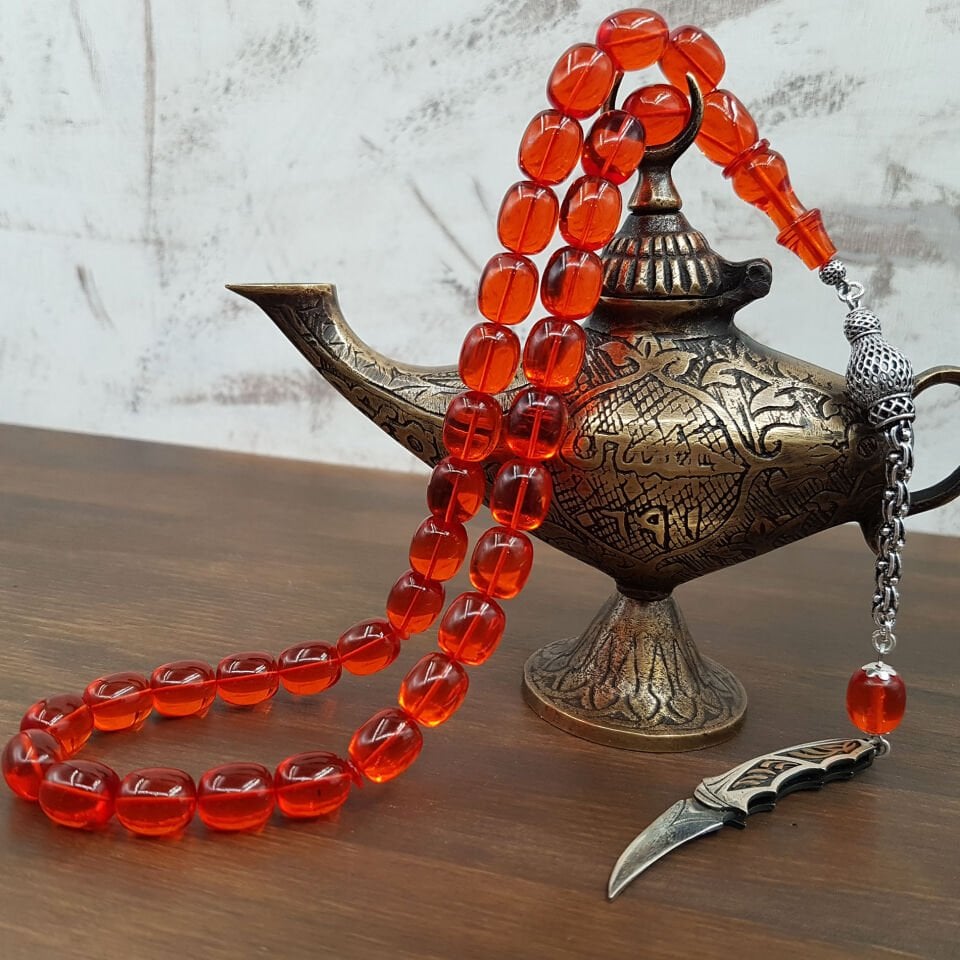 Gümüş Püskül Turuncu Blok Zar Kehribar Tesbih