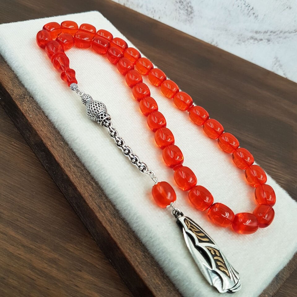 Gümüş Püskül Turuncu Blok Zar Kehribar Tesbih