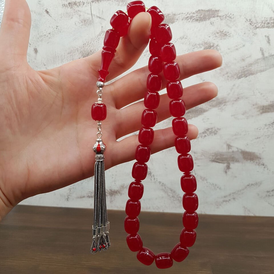 Gümüş Püskül Vişne Blok Zar Kehribar Tesbih