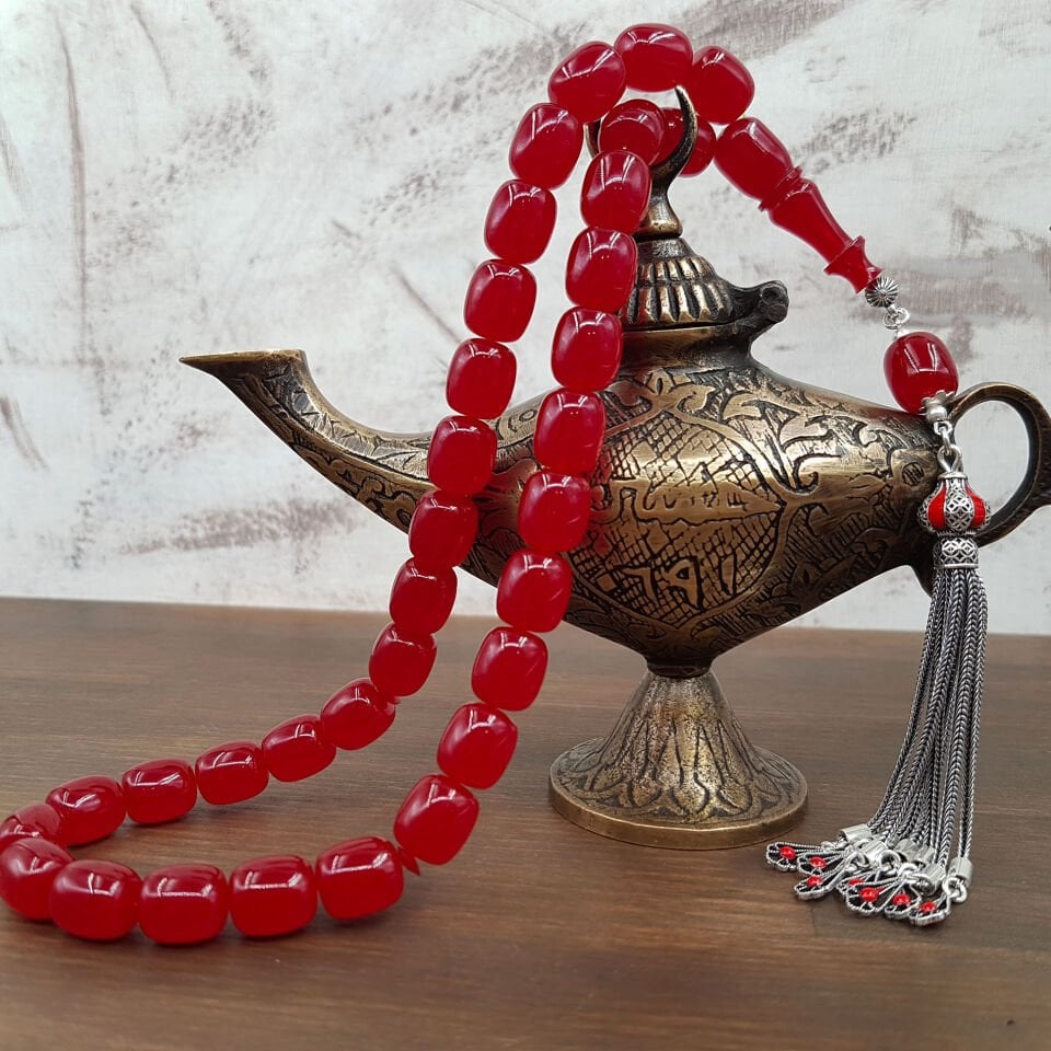 Gümüş Püskül Vişne Blok Zar Kehribar Tesbih