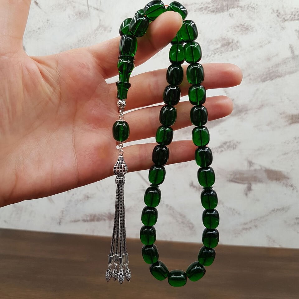 Gümüş Püskül Zümrüt Yeşili Blok Zar Kehribar Tesbih