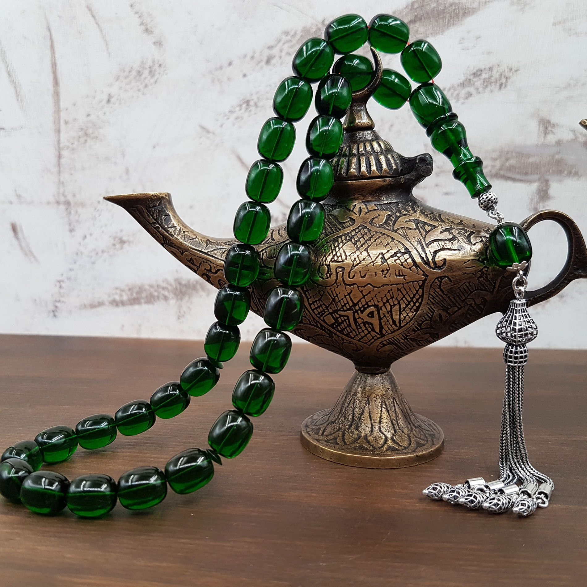 Gümüş Püskül Zümrüt Yeşili Blok Zar Kehribar Tesbih
