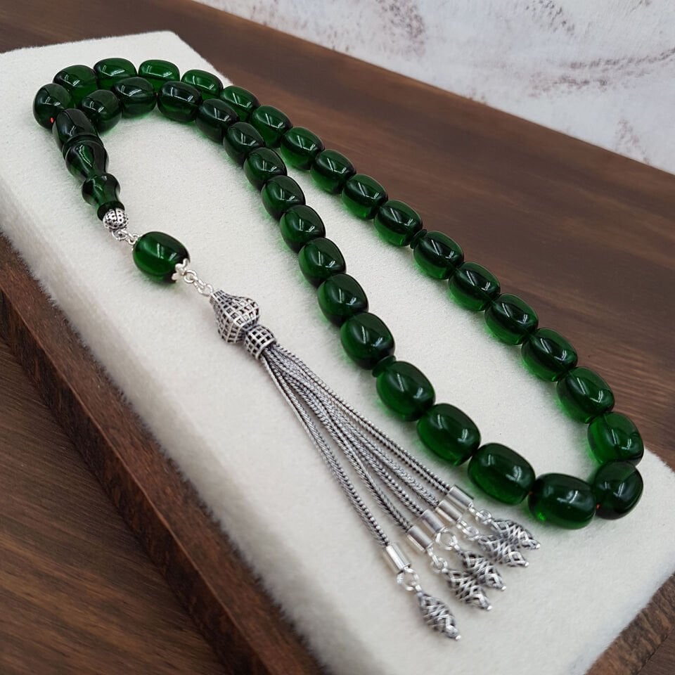 Gümüş Püskül Zümrüt Yeşili Blok Zar Kehribar Tesbih