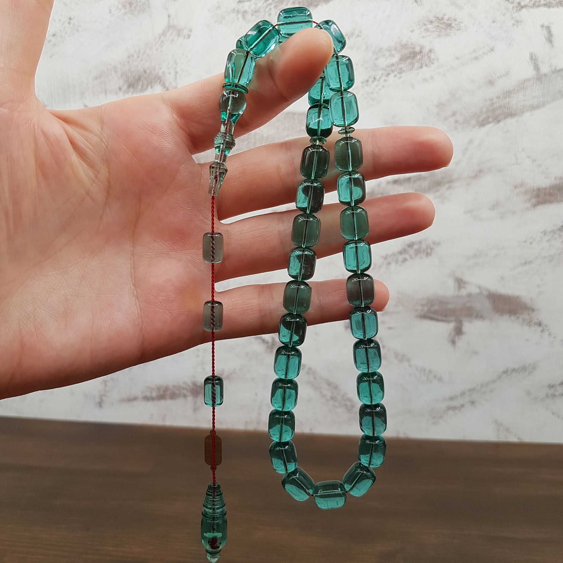 Usta İmzalı Su Yeşili Blok Zar Kehribar Tesbih