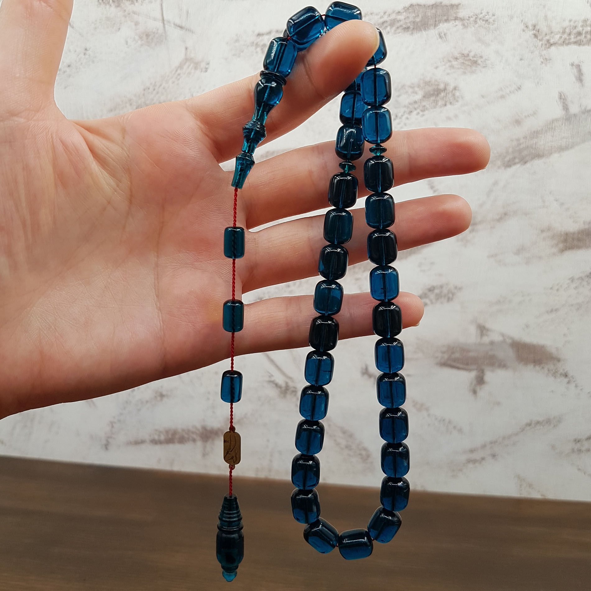 Usta İmzalı Koyu Mavi Blok Zar Kehribar Tesbih