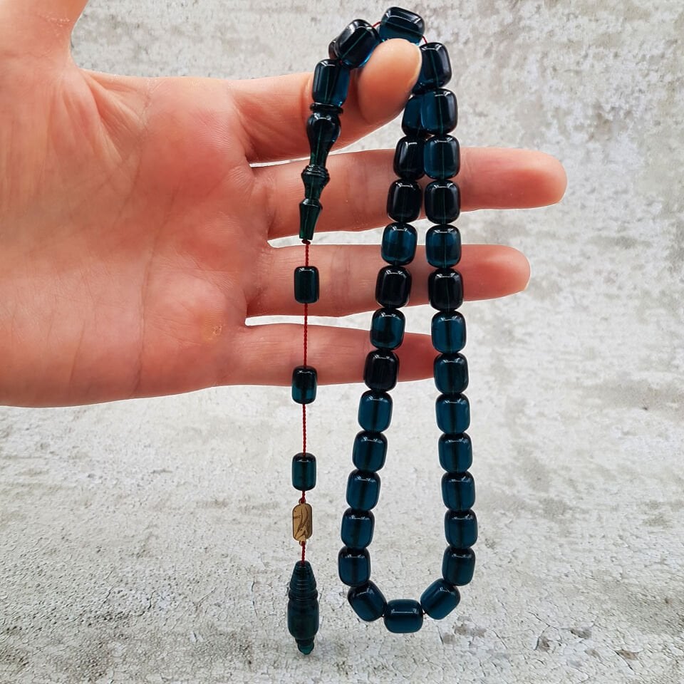 Usta İmzalı Koyu Mavi Blok Zar Kehribar Tesbih