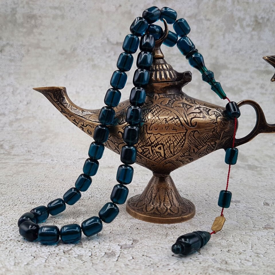 Usta İmzalı Koyu Mavi Blok Zar Kehribar Tesbih