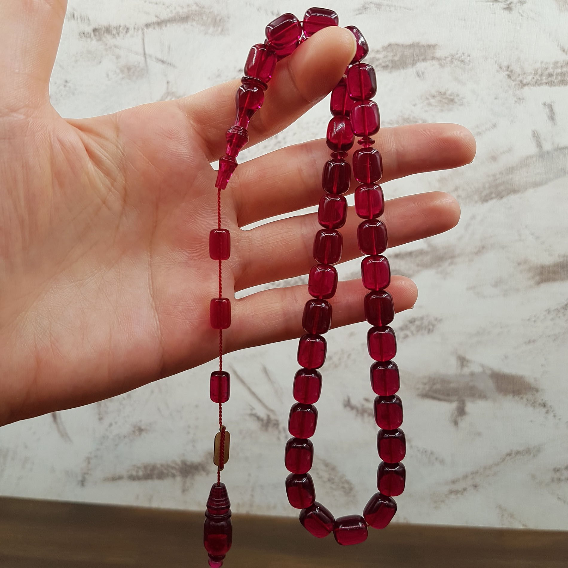 Usta İmzalı Koyu Fuşya Blok Zar Kehribar Tesbih