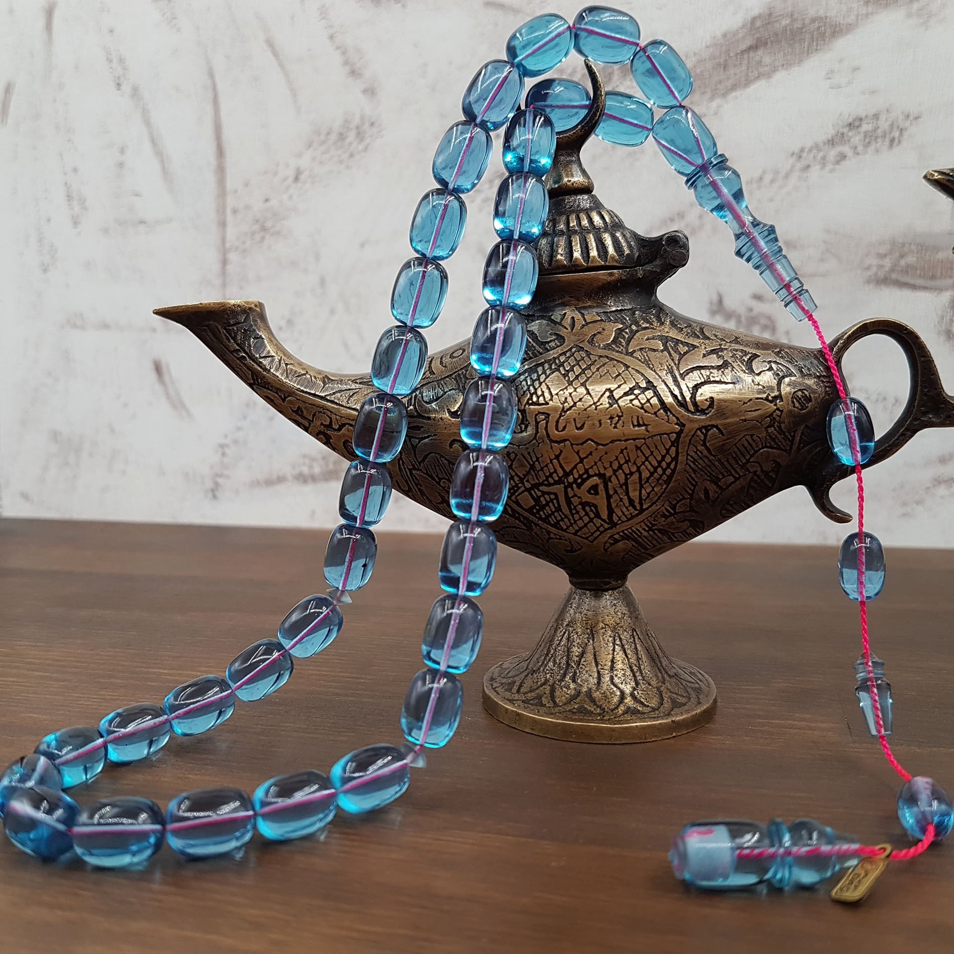 Usta İmzalı Gök Mavisi Blok Zar Kehribar Tesbih