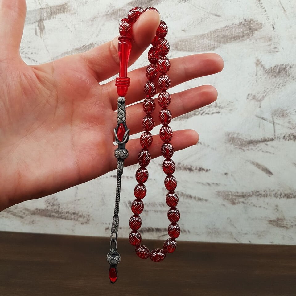 Gümüş İşleme Kırmızı Beyzi Ateş Kehribar Tesbih