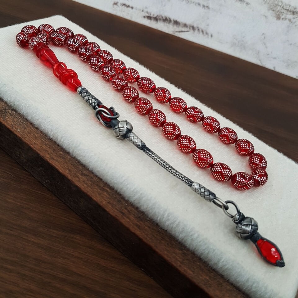 Gümüş İşleme Kırmızı Beyzi Ateş Kehribar Tesbih