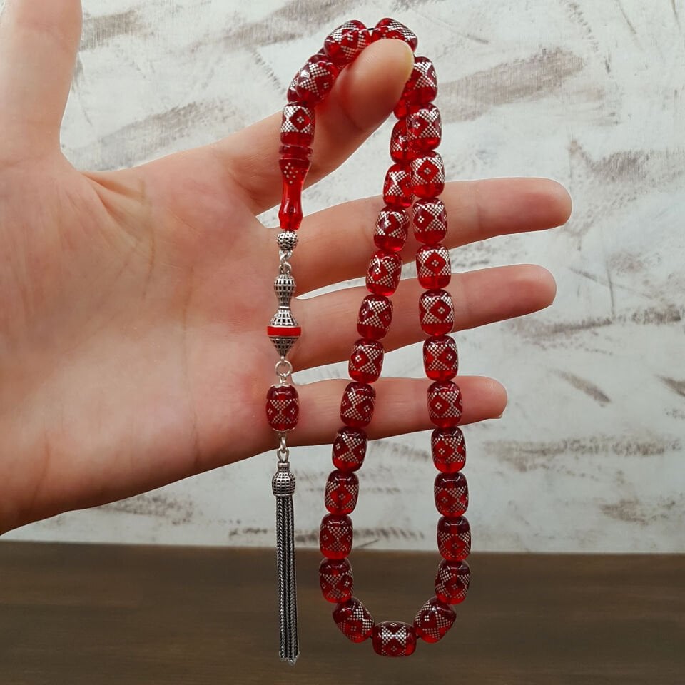 Gümüş İşleme Kırmızı Kapsül Ateş Kehribar Tesbih