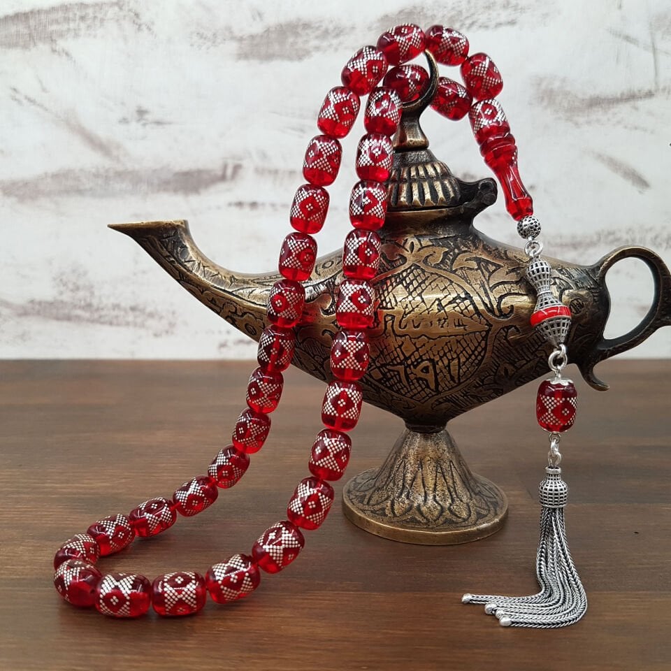 Gümüş İşleme Kırmızı Kapsül Ateş Kehribar Tesbih