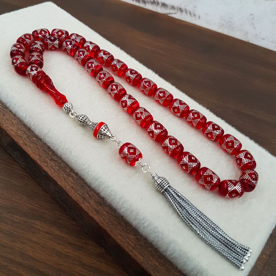 Gümüş İşleme Kırmızı Kapsül Ateş Kehribar Tesbih