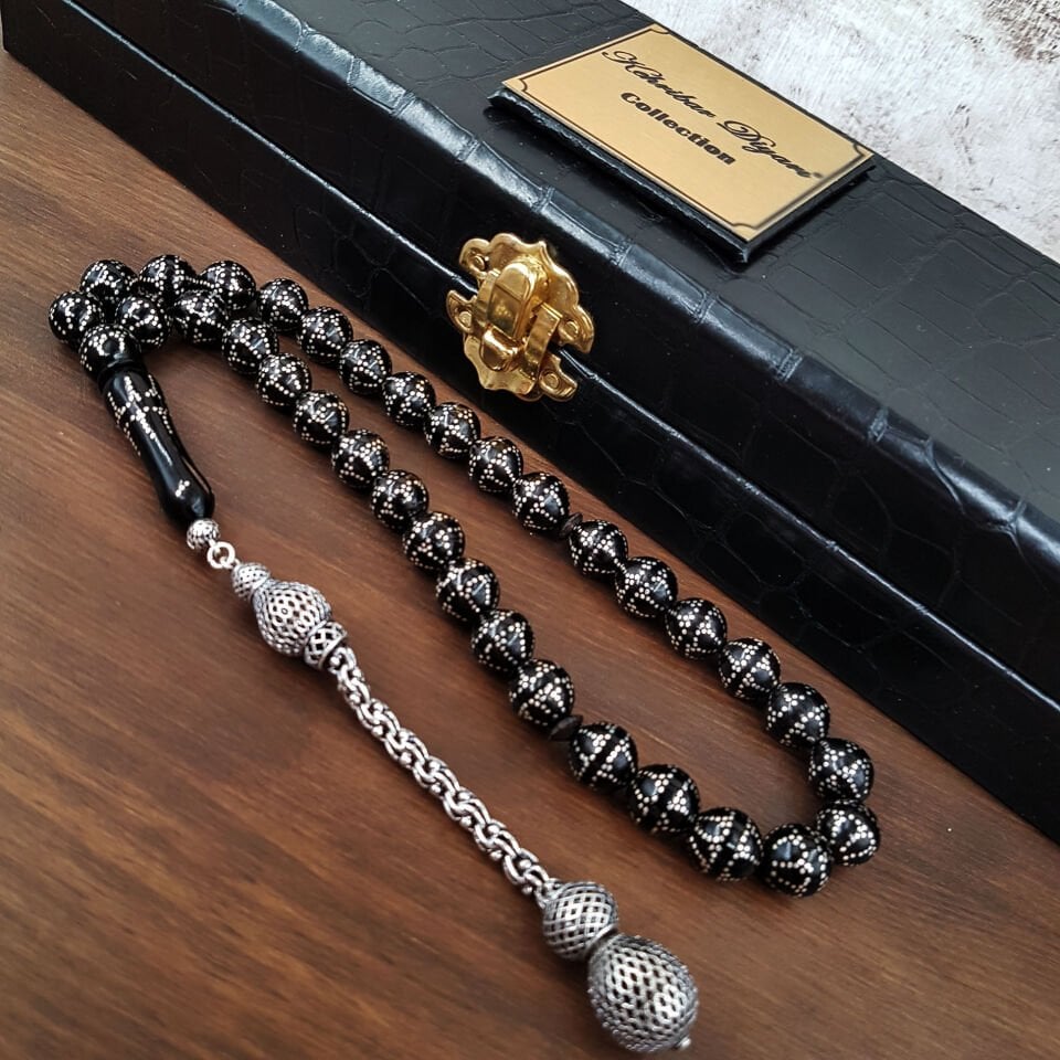 Premium Gümüş Çakım Siyah Kuka Tesbih