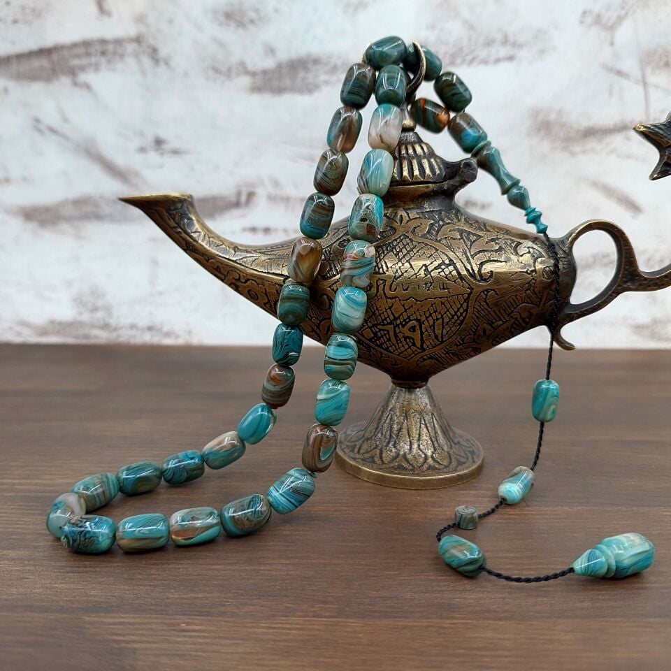 Usta İmzalı Özel Renk Hareli Sıkma Kehribar Tesbih