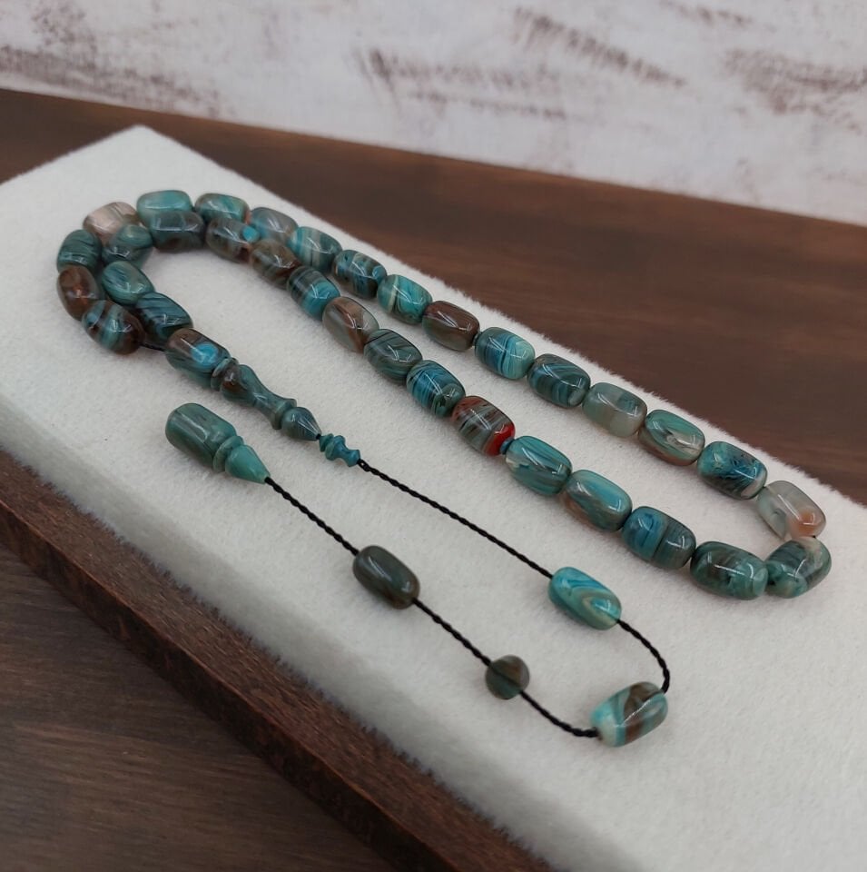 Usta İmzalı Özel Renk Hareli Sıkma Kehribar Tesbih