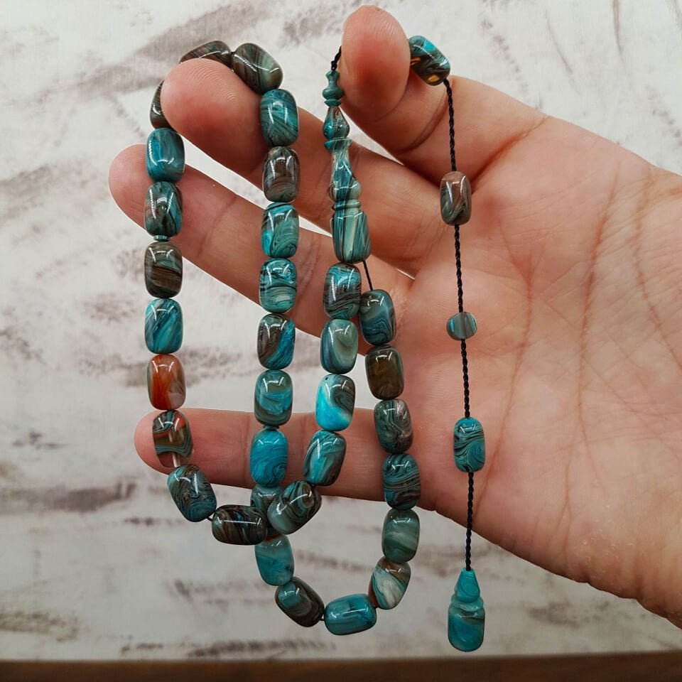 Usta İmzalı Özel Renk Hareli Sıkma Kehribar Tesbih