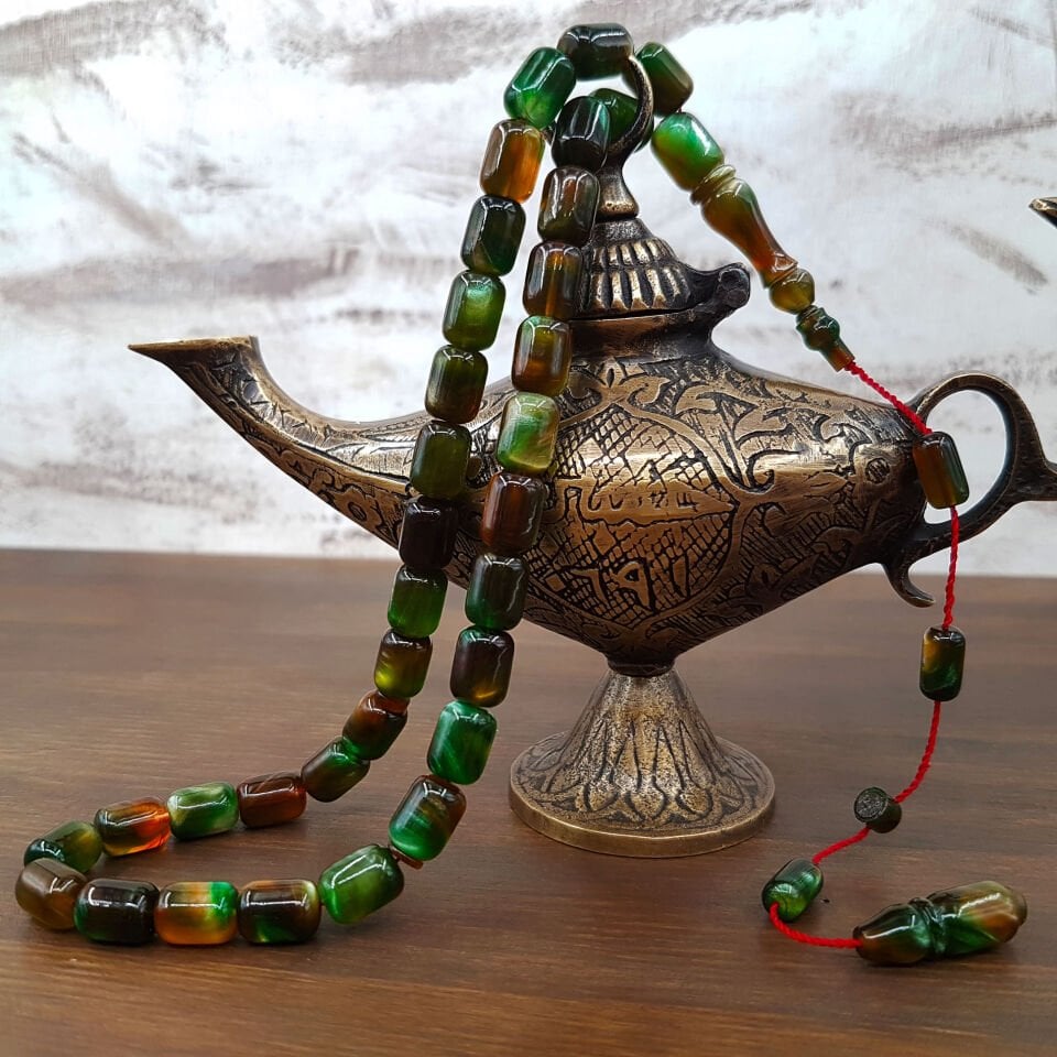 Usta İmzalı Özel Renk Yeşil Hareli Sıkma Kehribar Tesbih
