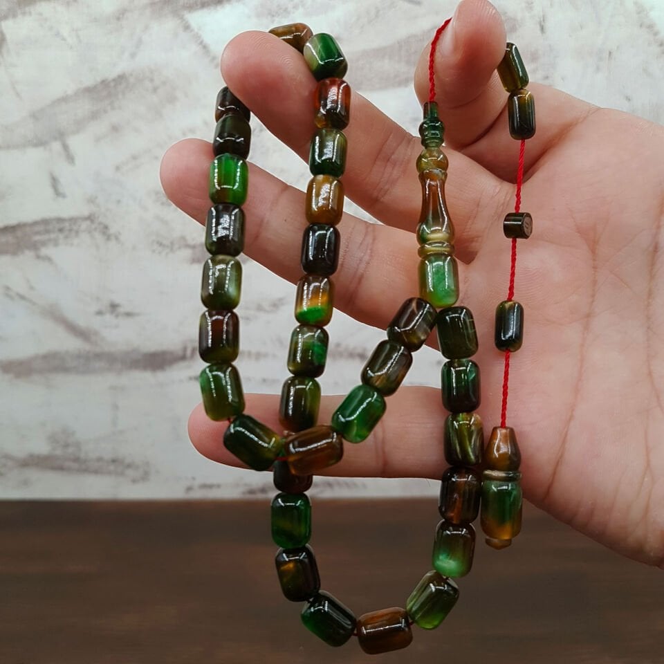 Usta İmzalı Özel Renk Yeşil Hareli Sıkma Kehribar Tesbih