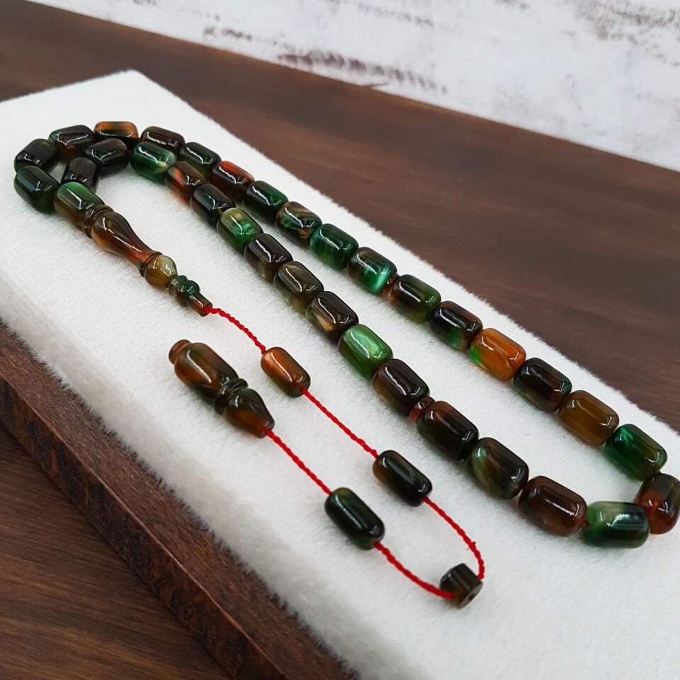 Usta İmzalı Özel Renk Yeşil Hareli Sıkma Kehribar Tesbih