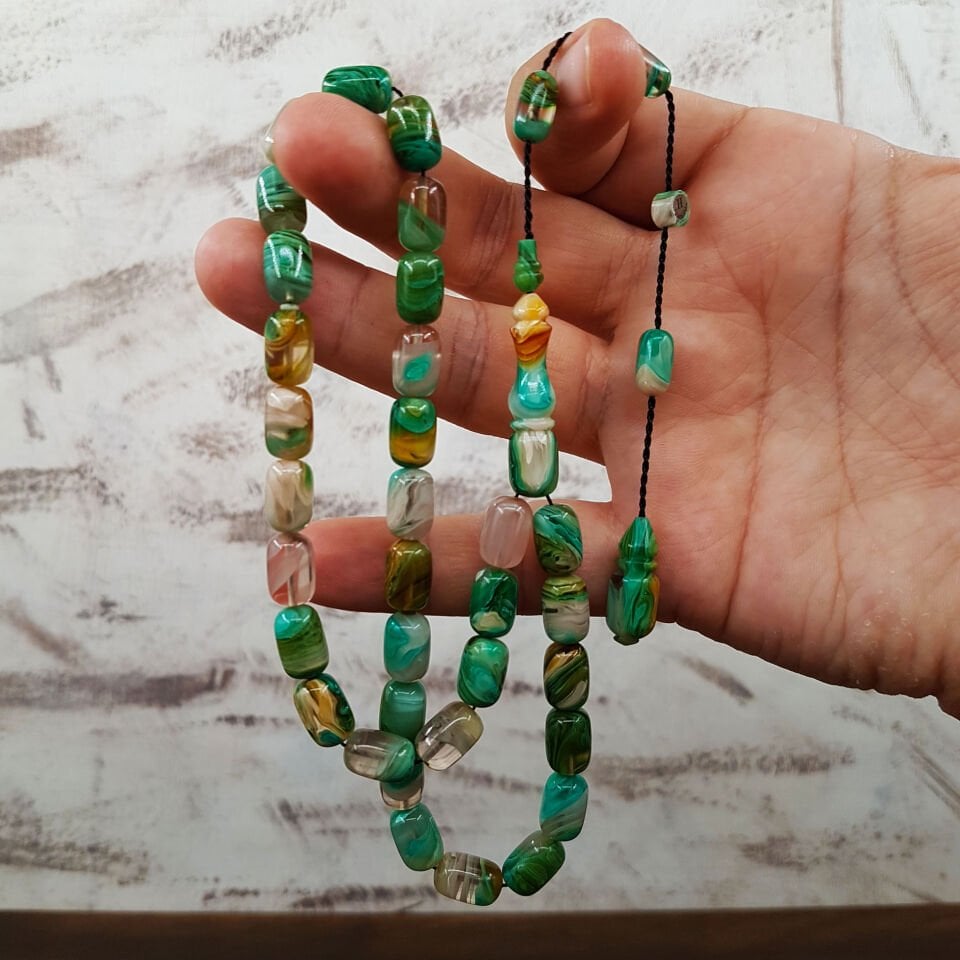 Usta İmzalı Özel Renk Su Yeşil Hareli Sıkma Kehribar