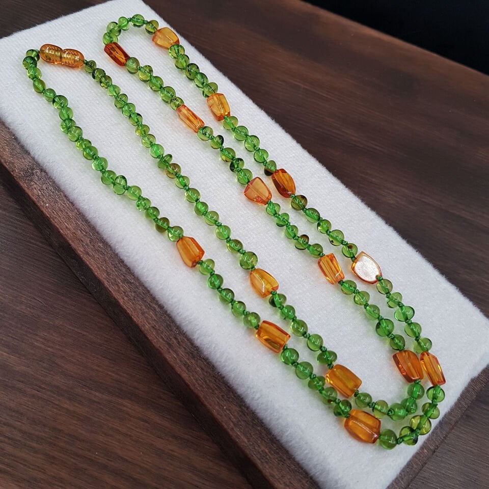 Uzun Yeşil Renk Damla Kehribar Kolye