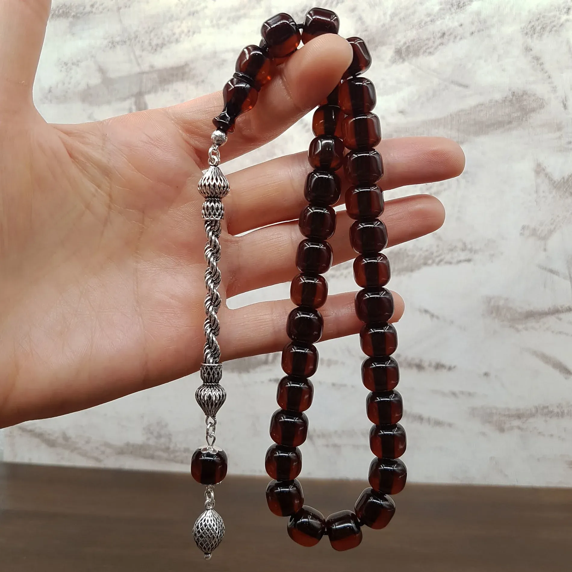 Gümüş Püskül Tasarım Teker Sıkma Kehribar Tesbih