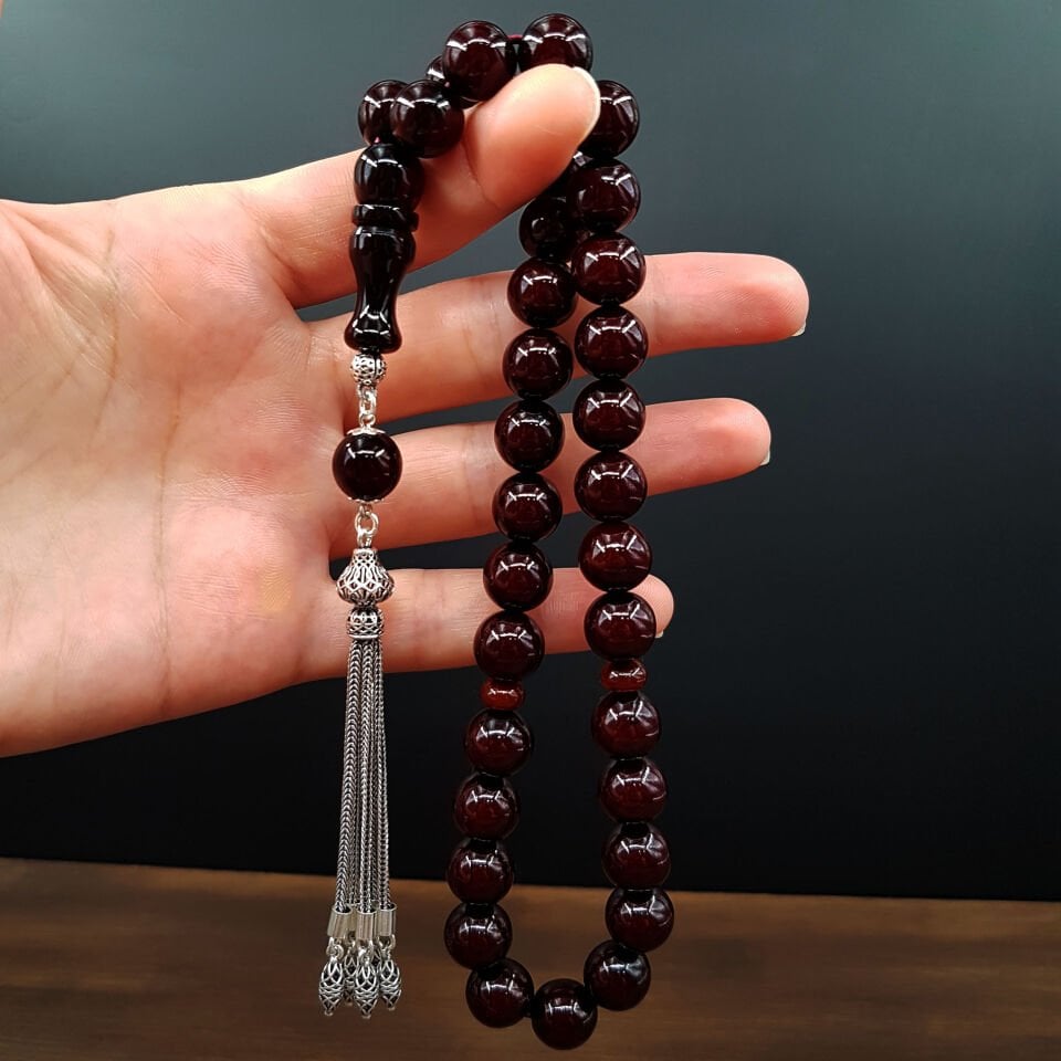 Gümüş Püskül Koyu Bordo Sıkma Kehribar Tesbih