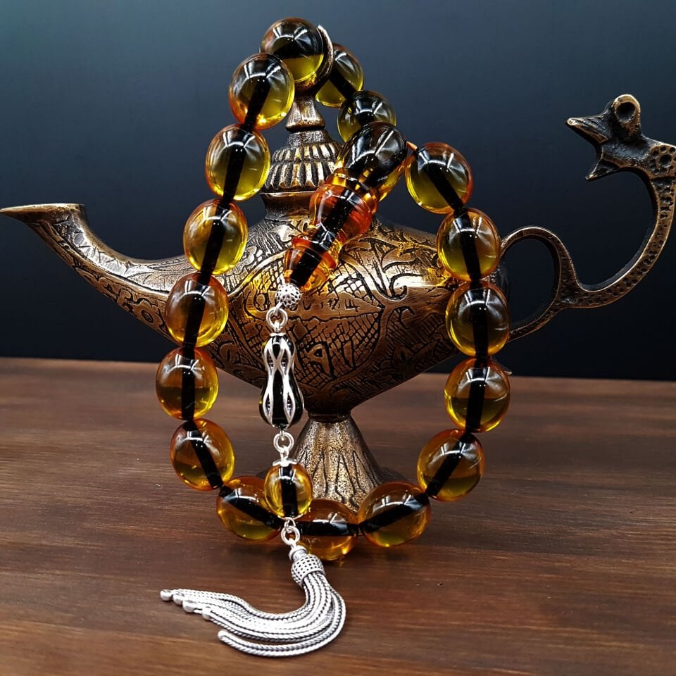 Gümüş Püskül Maskot Sarı Ateş Kehribar Tesbih
