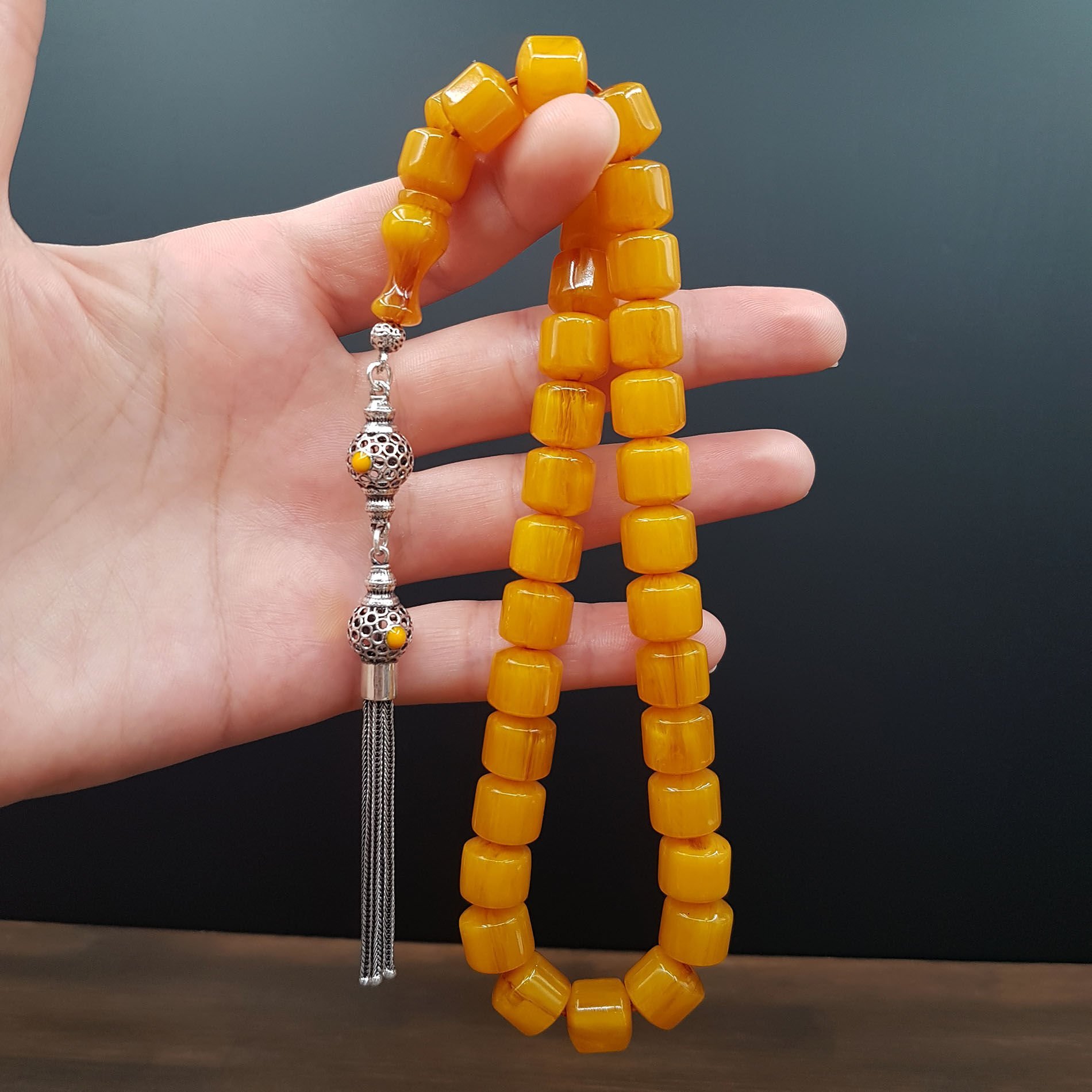 Gümüş Püskül Teker Sarı Sıkma Kehribar Tesbih