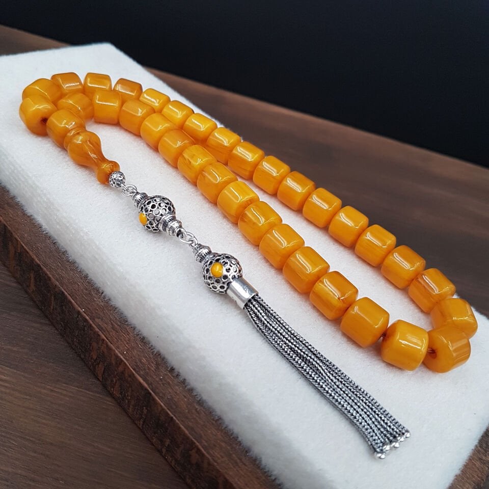 Gümüş Püskül Teker Sarı Sıkma Kehribar Tesbih