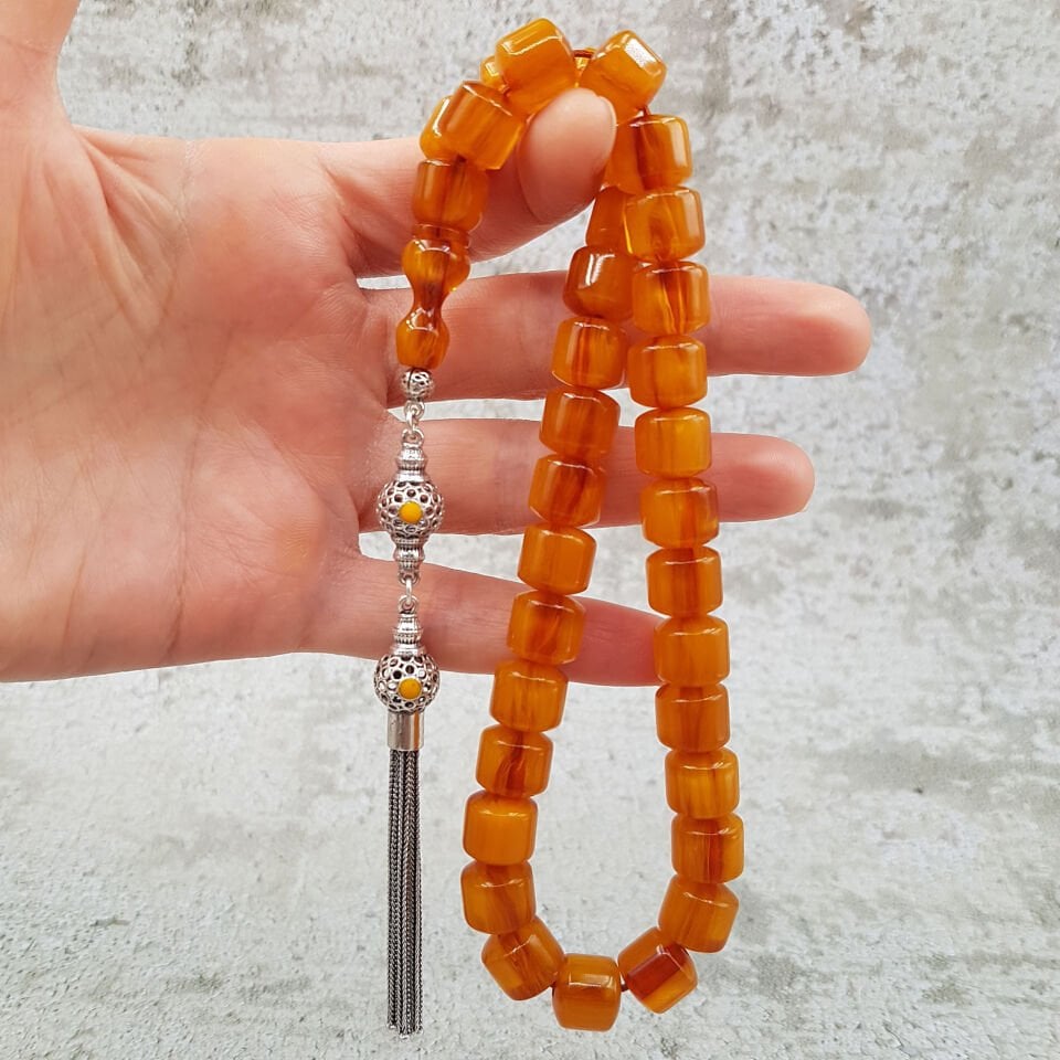 Gümüş Püskül Teker Sarı Sıkma Kehribar Tesbih