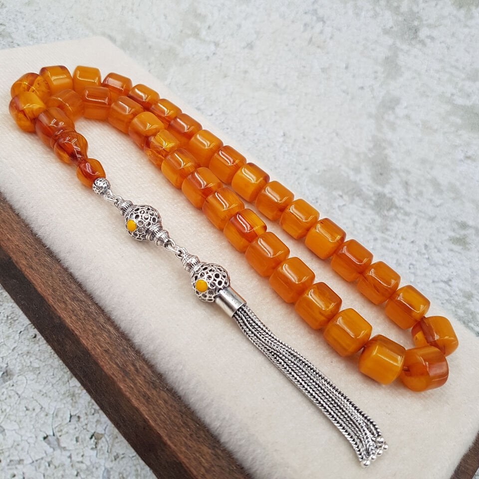 Gümüş Püskül Teker Sarı Sıkma Kehribar Tesbih