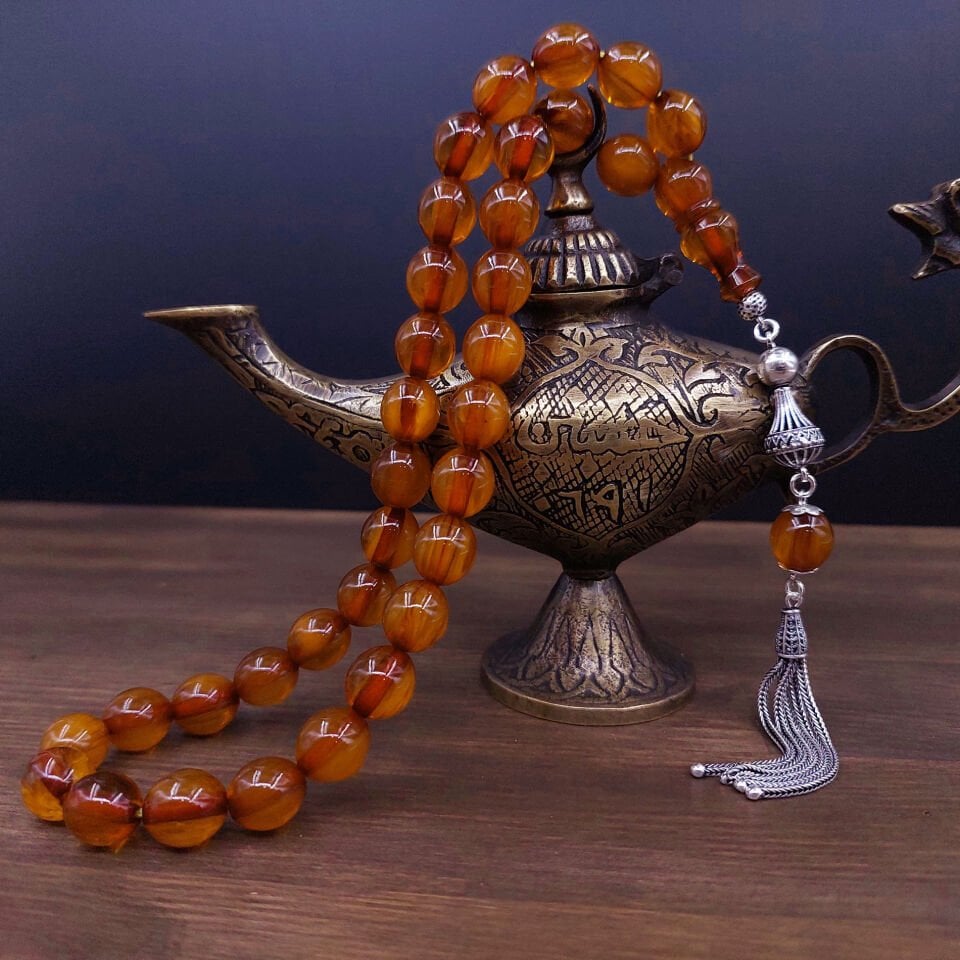 Gümüş Püskül Hareli Kahve Sıkma Kehribar Tesbih