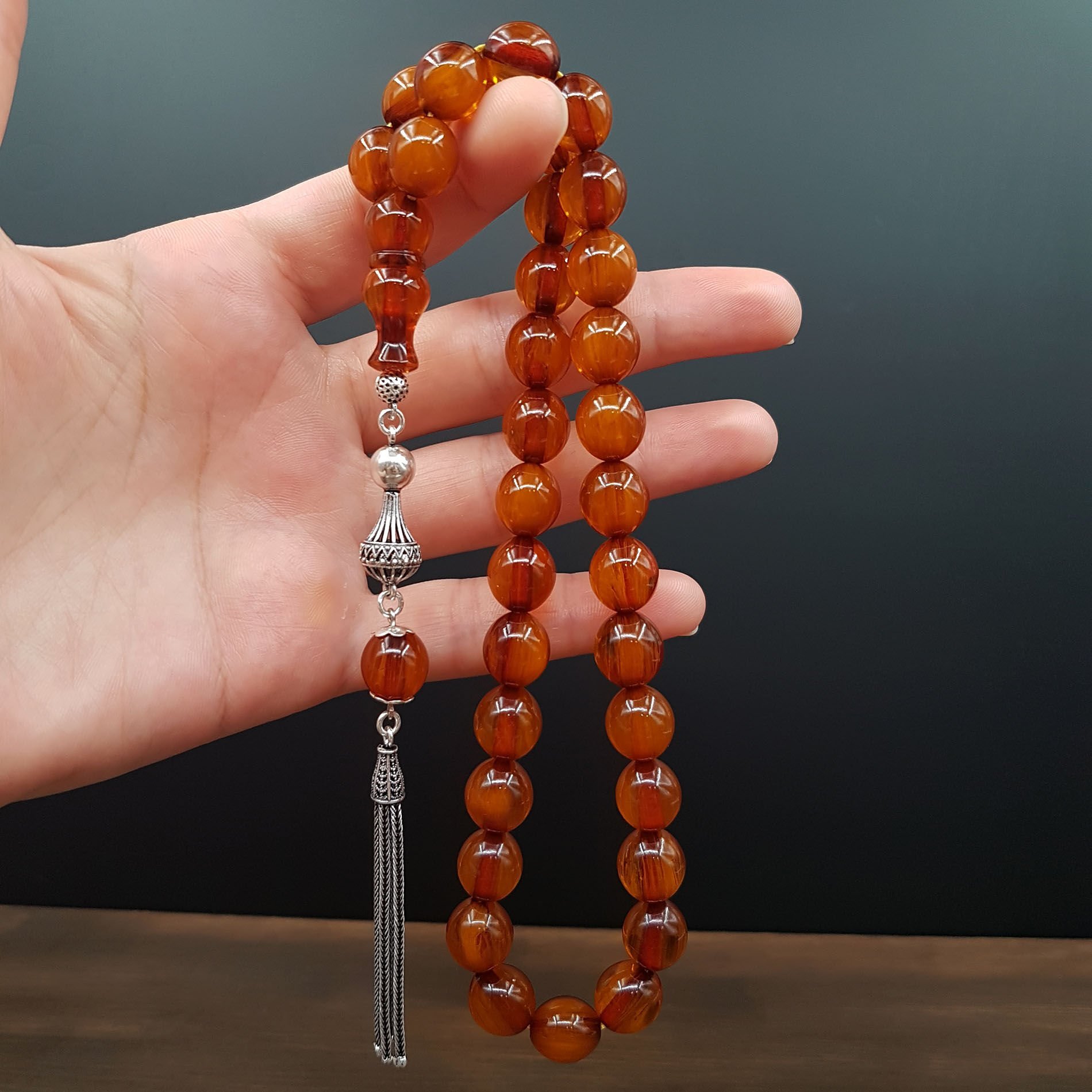 Gümüş Püskül Hareli Kahve Sıkma Kehribar Tesbih