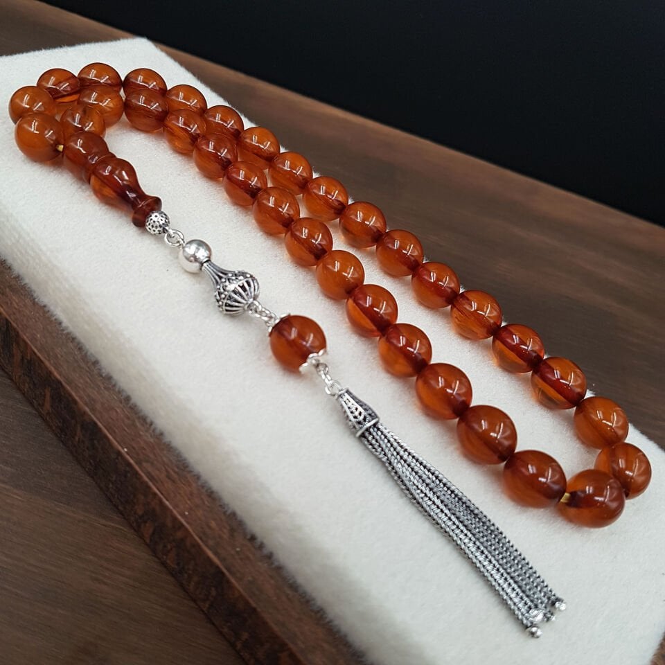 Gümüş Püskül Hareli Kahve Sıkma Kehribar Tesbih