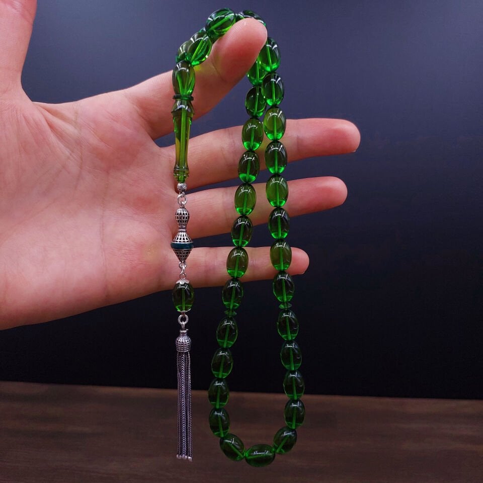 Gümüş Püskül 06 Delim Yeşil Blok Zar Kehribar Tesbih