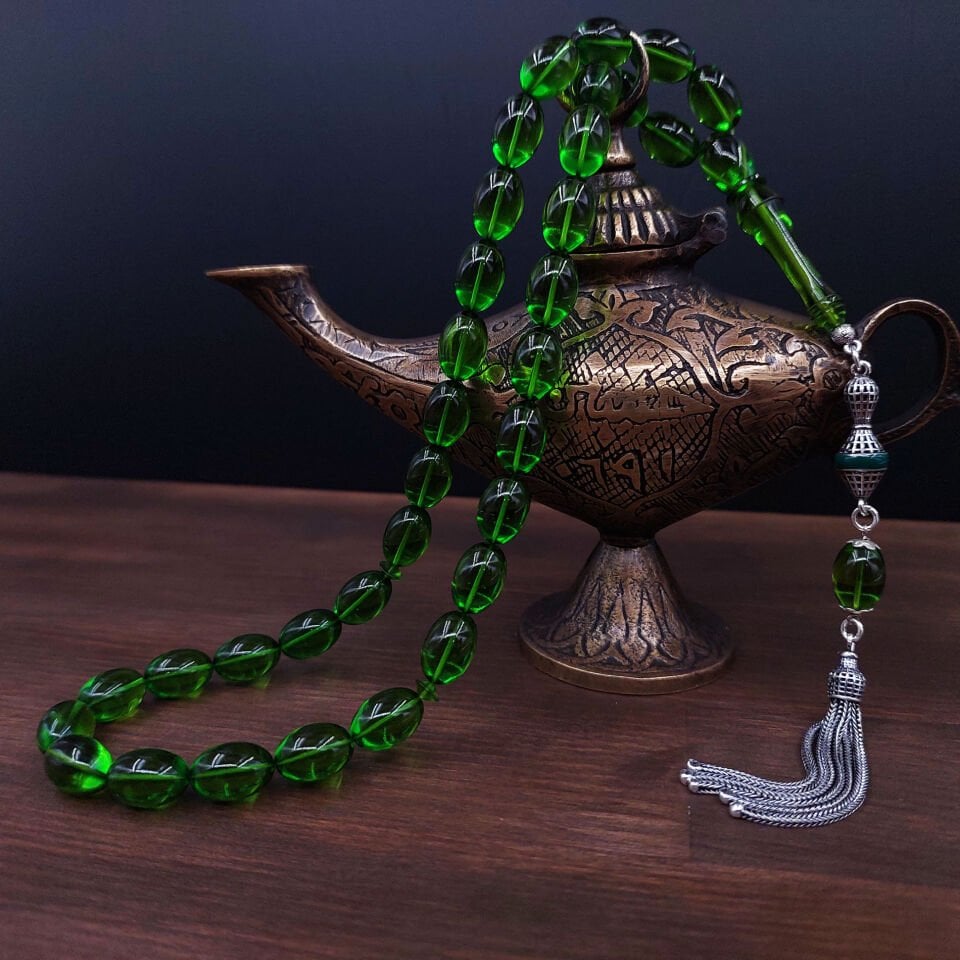 Gümüş Püskül 06 Delim Yeşil Blok Zar Kehribar Tesbih