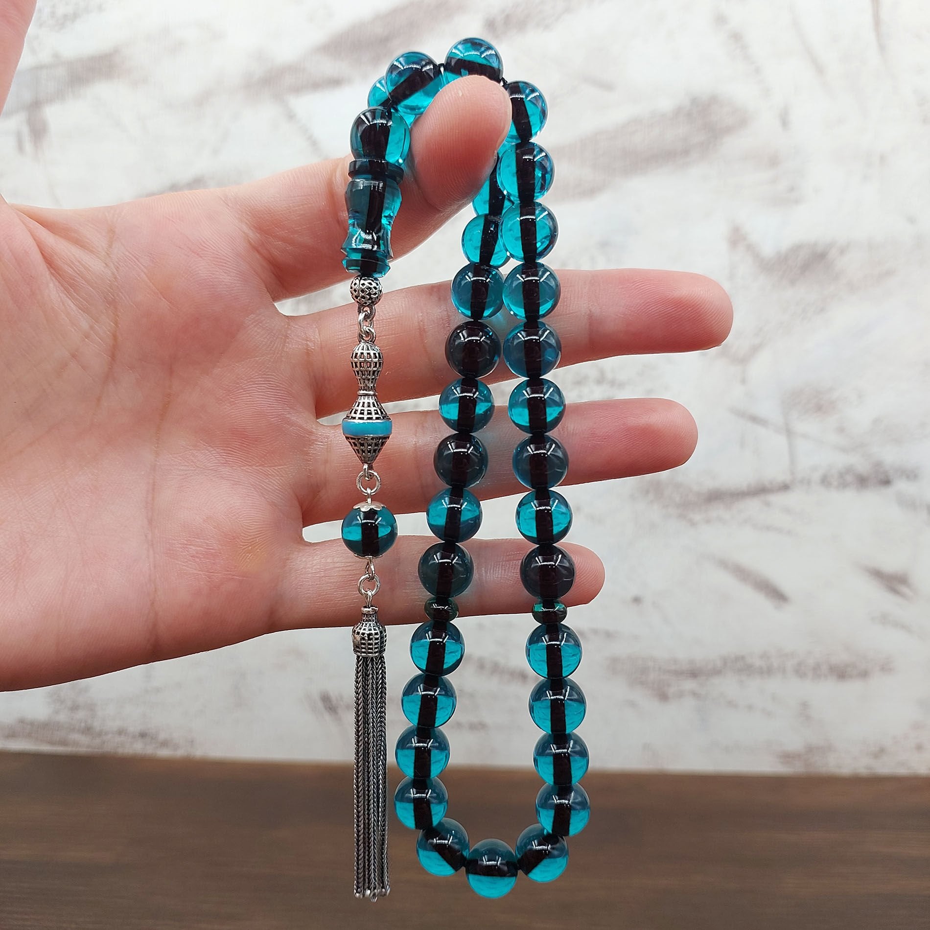 Turkuaz Küre Kesim Ateş Kehribar Tesbih