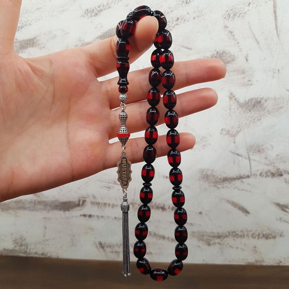 Kişiye Özel Kırmızı Sürmeli Beyzi Ateş Kehribar Tesbih