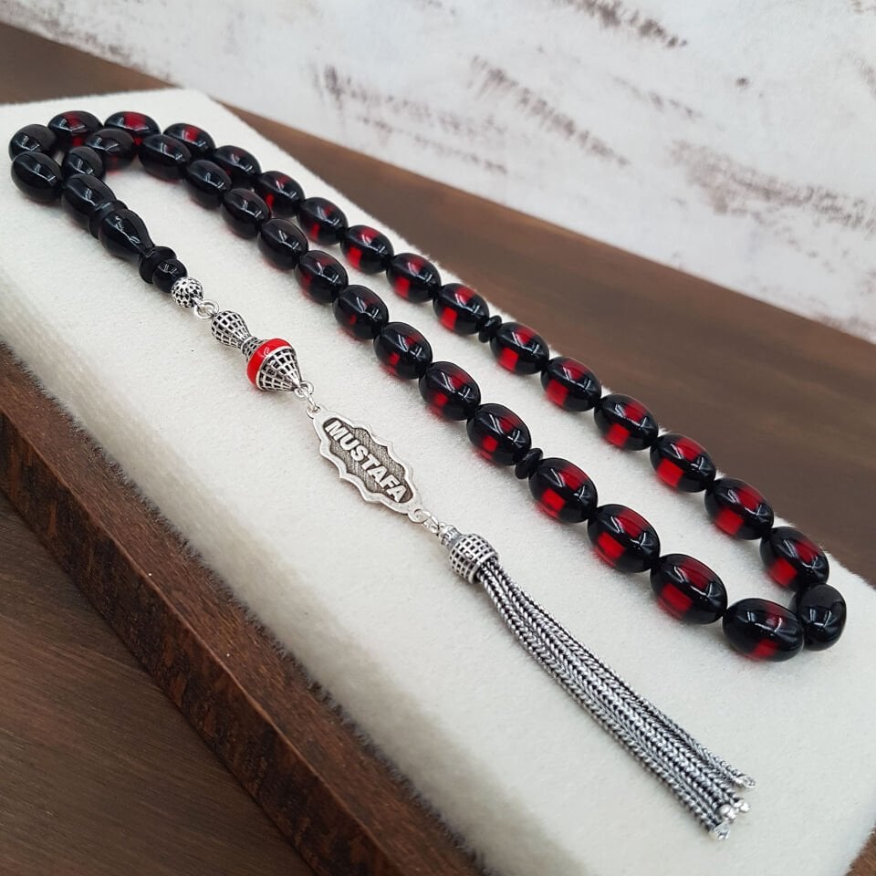 Kişiye Özel Kırmızı Sürmeli Beyzi Ateş Kehribar Tesbih