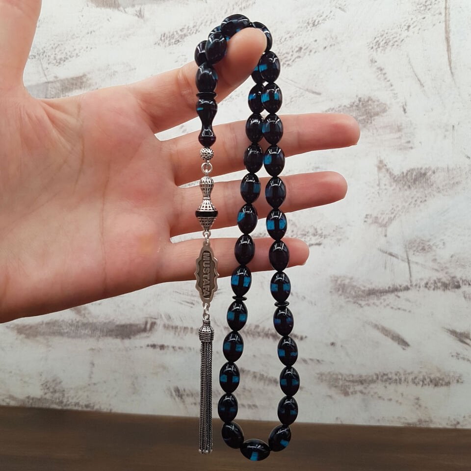 Kişiye Özel Mavi Sürmeli Arpa Ateş Kehribar Tesbih